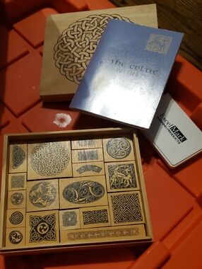 Celtic Knot Wooden Stamp Set with Booklet - Natural Wood & Blue